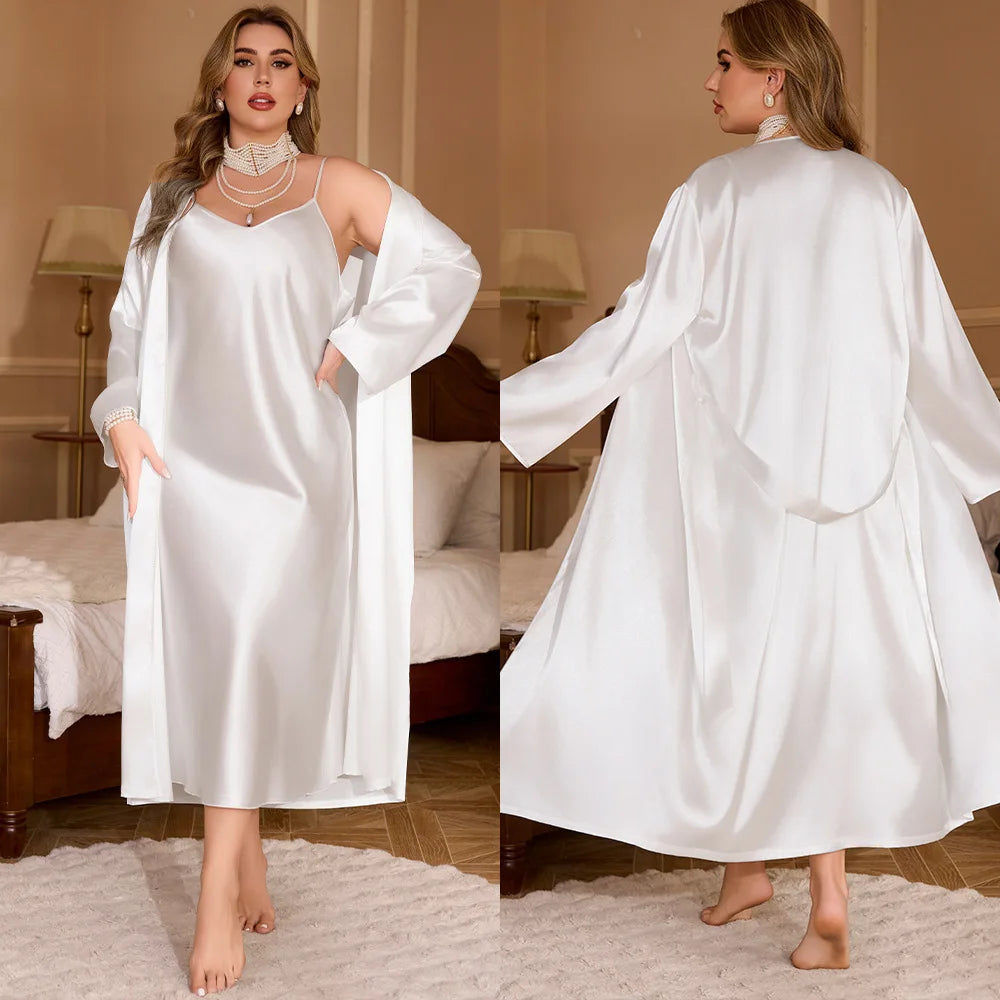 Women Big Size 3Xl 4Xl 5Xl Robe Set Bride Wedding Dress Bathrobe Gown Sexy Spaghetti Strap Pajamas 2Pcs Nightgown Lingerie