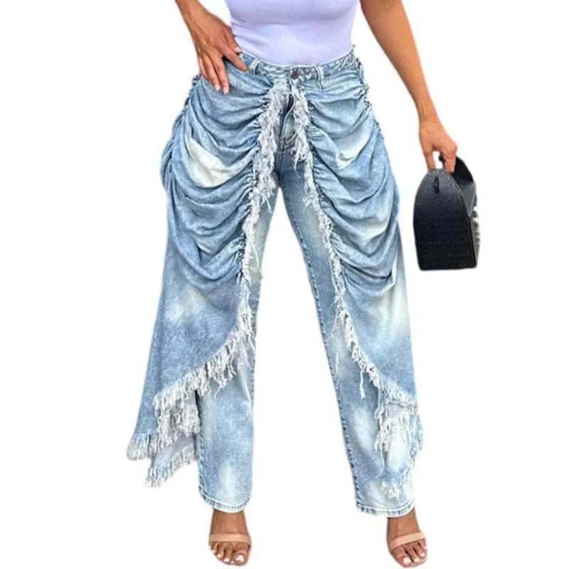 WTHT New Trendy Women Wrinkled Burr Edge Design Straight Jeans 2025 Winter Fashion High Waist Casual Denim Pants Female 1LS2770