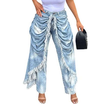 WTHT New Trendy Women Wrinkled Burr Edge Design Straight Jeans 2025 Winter Fashion High Waist Casual Denim Pants Female 1LS2770