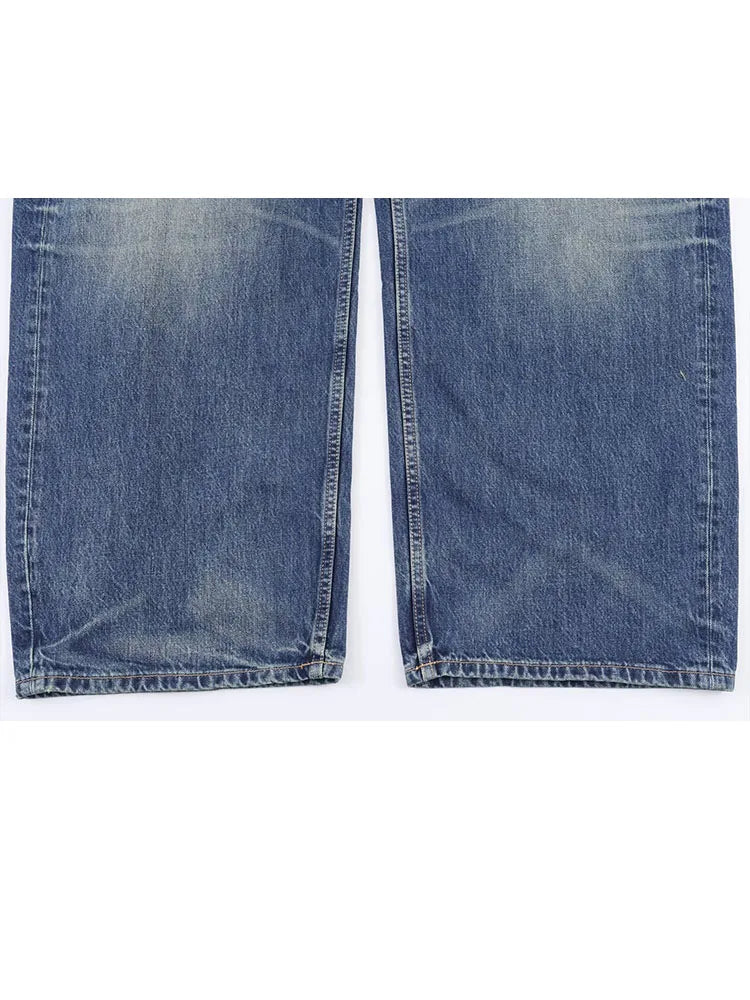 HH Women's 2025 New Fashion Retro Versatile Mid-Waist Turn-Down Jeans Female High Street Casual Ripped Decorative Wide Leg Pants