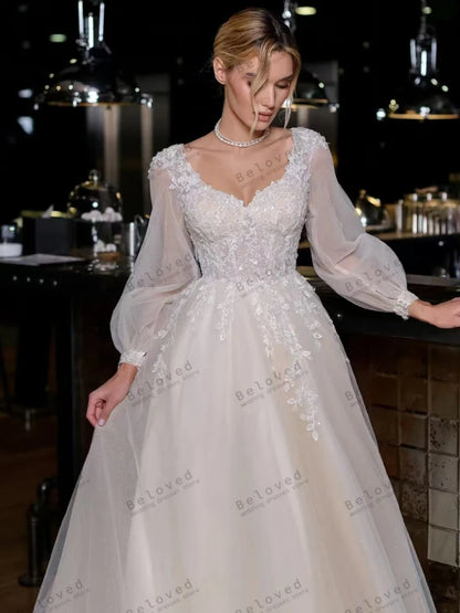 Gorgeous Wedding Dresses Vintage Bridal Gowns Lace Appliques Long Puff Sleeves Robes Backless 2025 Vestidos De Novia Customized