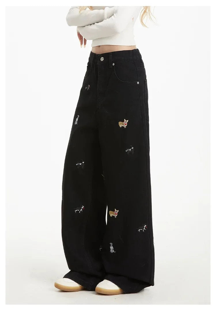 Women's Embroidered Basic Denim Women Jeans American Retro Chic Straight Leg Slim Vintage Woman Jeans Casual Simple Pants Female