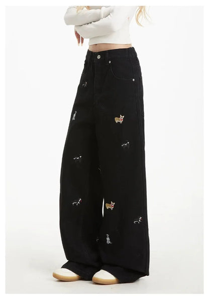 Women's Embroidered Basic Denim Women Jeans American Retro Chic Straight Leg Slim Vintage Woman Jeans Casual Simple Pants Female