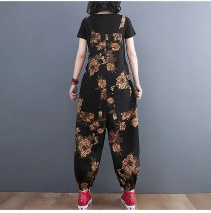 Women's Nine Split Jeans Overalls, Casual Female Print Jumpsuit, Loose Bloomers, Oversized Rompers, Suspenders, Fashion, Spring,