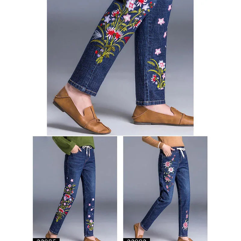 Brand Embroidery Jeans Womens Light Blue Elastic Waist Denim Pants High Waist Straight Leg Cropped Cut Jeans Spring Female