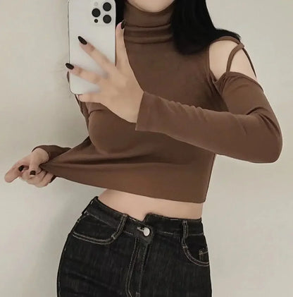Tops Woman Slim Off Shoulder Sexy Crop Brown Long Sleeve T Shirt for Women Turtleneck Clothing Female Harajuku Fashion Korean