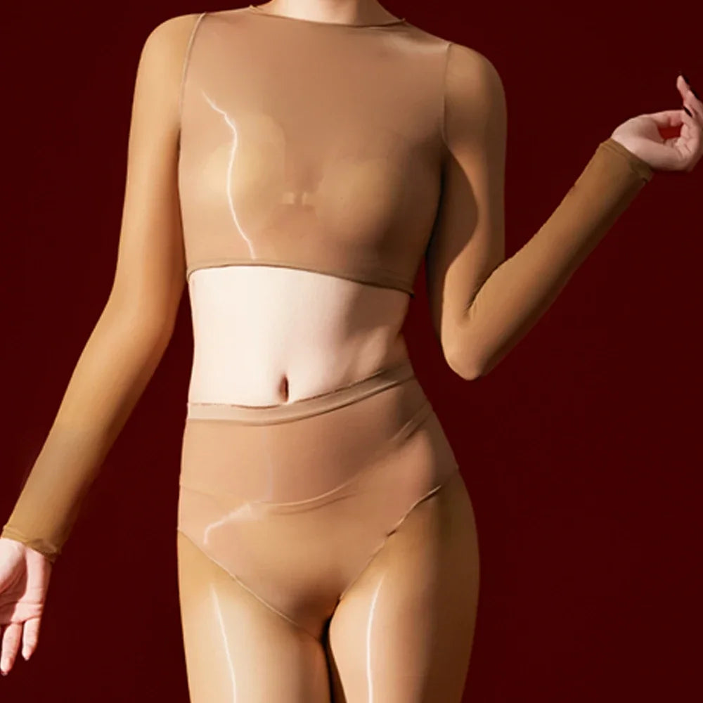 Women's 5D Ultrathin Crop Tops Elastic Shaping Oil Shiny Sheer See Through T-shirts Woman Clothing Summer Shirts Yoga Tops