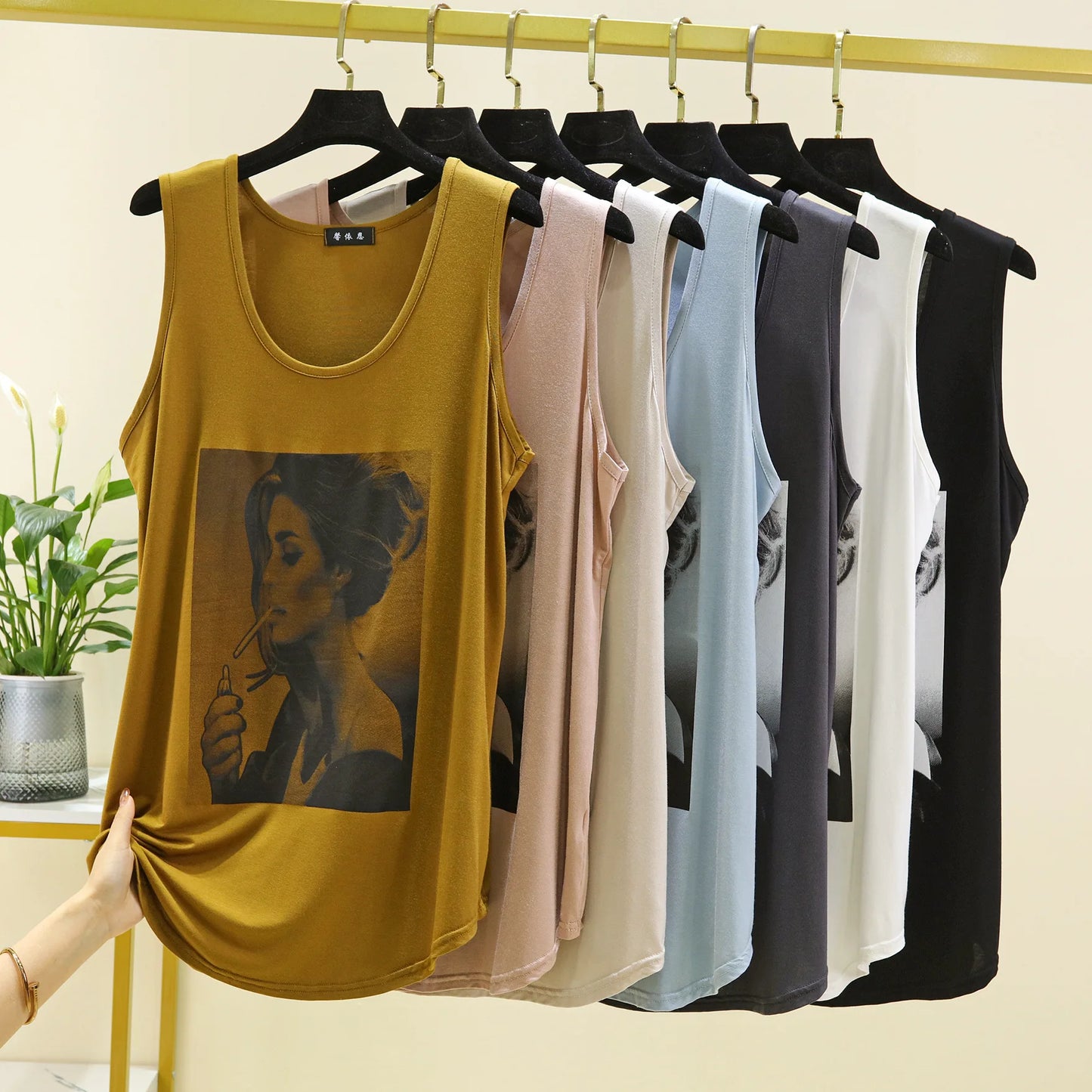 Women Long Tank Tops O-Neck Fashion Print Beauty's Head Casual Loose sleeveless T-shirt streetwear camis tops