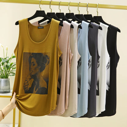 Women Long Tank Tops O-Neck Fashion Print Beauty's Head Casual Loose sleeveless T-shirt streetwear camis tops