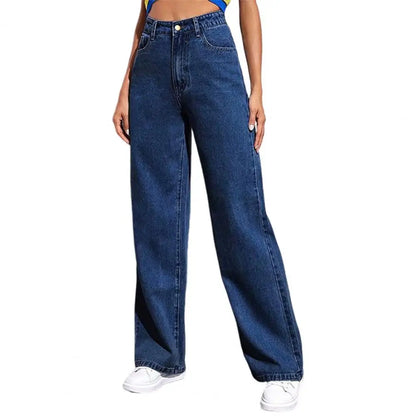 Women Jeans with Pockets High Waist Button Zipper Closure Straight Pants Vintage Denim Trousers for Daily Wear Scool Commuting
