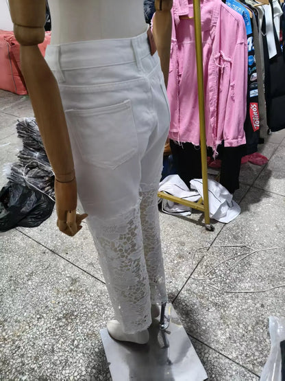 Fashion Elegant Jeans for Women High Waist Lace Patchwork Pantalones Hollow Out Oversized Spring Casual Loose All Match Pants
