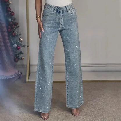 Women's full diamond washed denim jeans women's high-end high waisted straight leg pants spicy pants