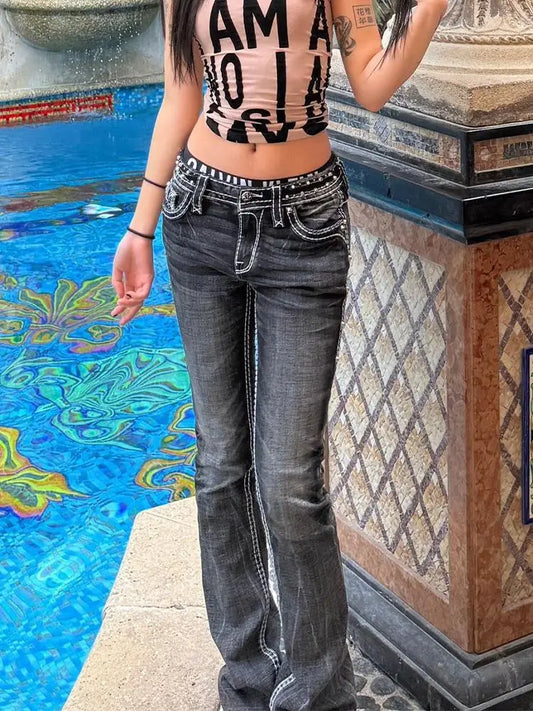 Women Vintage High Street Low Rise Flared Jeans 2025 Autumn Bell Bottom Y2k Goblin Core Harajuku Skinny Denim Pants Streetwear