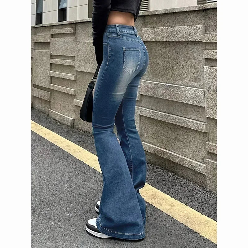 Women High Waist Flare Jeans Lady Fashion Comfortable Bootcut Denim Pants Female Slim Fit Bell Bottoms Retro Blue Nice Trousers