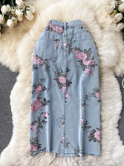 Flowers Print Jeans Women Vintage High Waist Denim Long Pants 2025 Fashion Autumn Casual Wide Leg Full Length Denim Trousers
