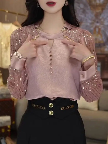 Women's High End Fashion Design with Unique and Shiny Pink Slimming and Versatile Light and Mature Top for Autumn Casual Tops