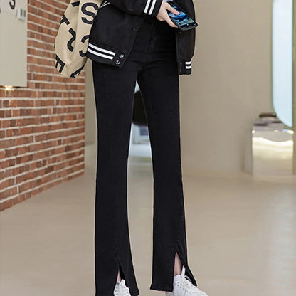 Women Fashion Split Micro Flared Jeans Korean Skinny High Waist Slim Denim Pants Simple Versatile Solid Stretchy Jean Trousers