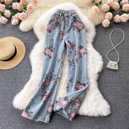 Flowers Print Jeans Women Vintage High Waist Denim Long Pants 2025 Fashion Autumn Casual Wide Leg Full Length Denim Trousers