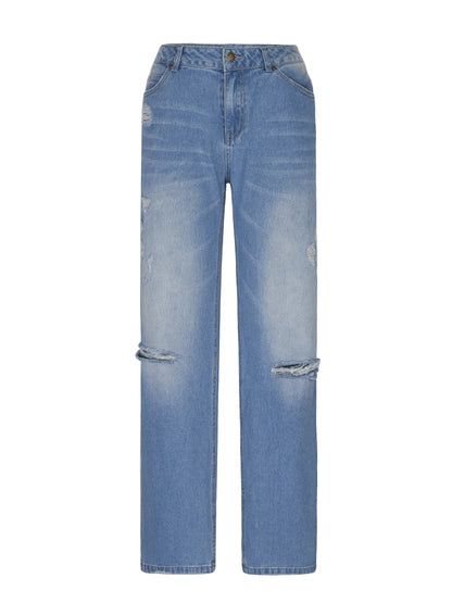 Women Men Denim Pants Casual Ripped Loose Straight Leg Jeans Trousers Trendy Bottoms for Streetwear