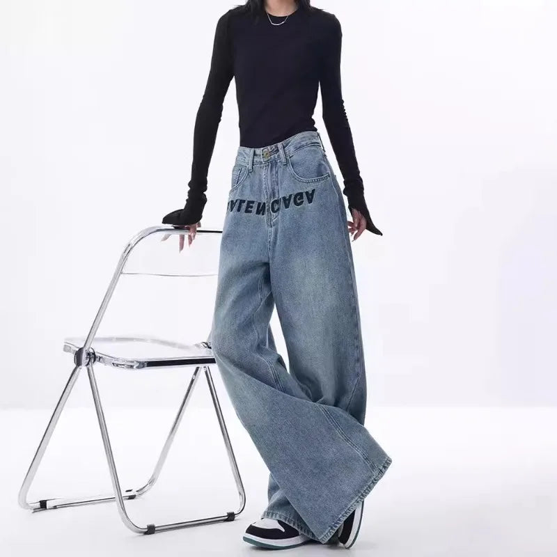 2024 New Blue Jeans Women Embroidered Design Sense Loose Wide Leg Pants Casual Street Style Pants