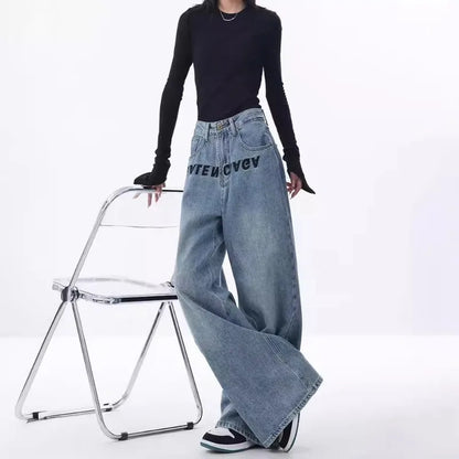 2024 New Blue Jeans Women Embroidered Design Sense Loose Wide Leg Pants Casual Street Style Pants