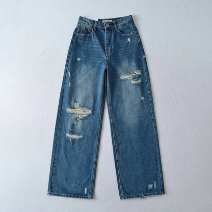 Women's Destroyed Jeans 2025 Spring Summer High Waist Loose Leg Floor-Length Distressed Denim Vintage Daily Staple