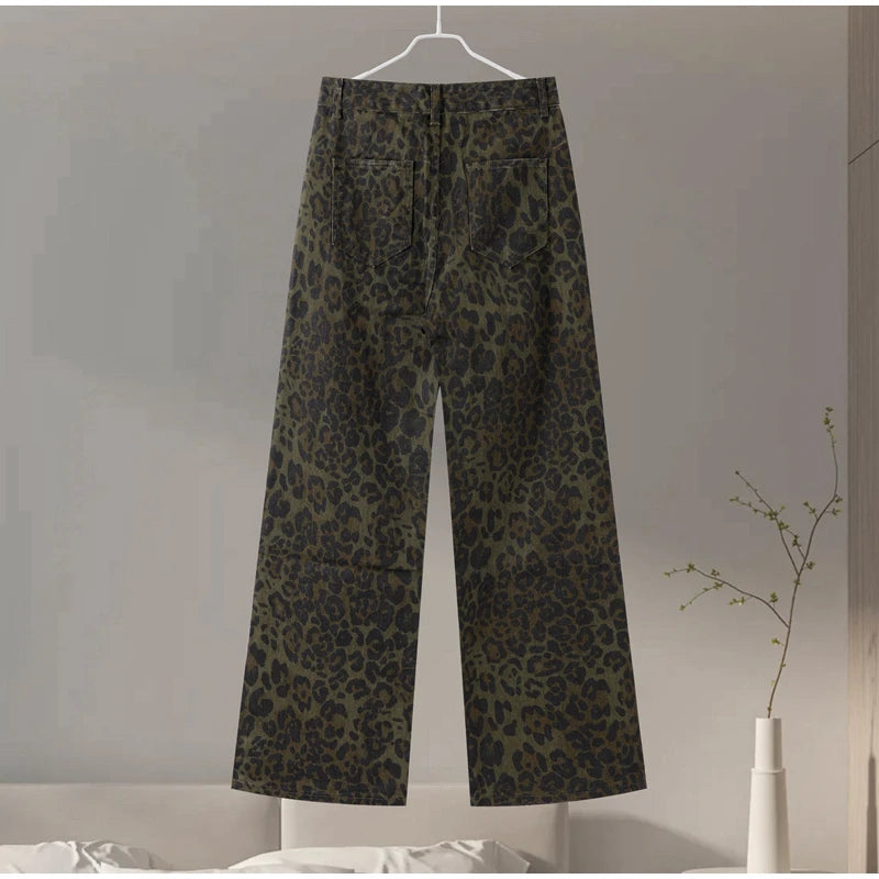 High-Waisted Leopard Print Denim Jeans for Women Retro Slim Straight Leg Trousers Vintage Y2k Hip Hop Streetwear Lady Fashion