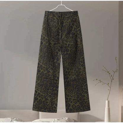 High-Waisted Leopard Print Denim Jeans for Women Retro Slim Straight Leg Trousers Vintage Y2k Hip Hop Streetwear Lady Fashion