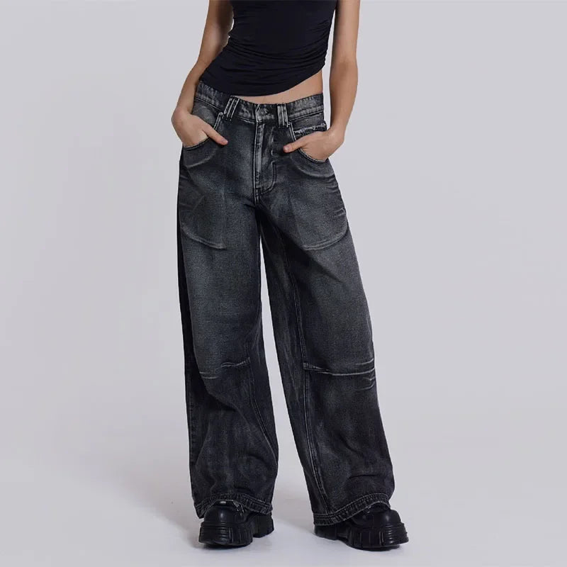 Women's Vintage Baggy Jeans High-Waisted Wide Leg Denim Pants with Back Wing Print Washed Y2K Streetwear 2025 Spring Summer Chic