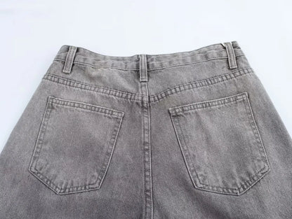 2025 Fashion Women Slanted Placket Blue Jeans Female Wide Leg Pants Long Pants High Street Ripped Jeans Versatile Retro