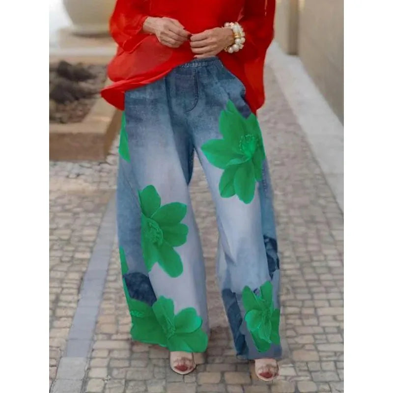 Casual Flower Printing Jeans For Woman 2025 Streetwear Wide-leg Pants Elastic Waist Pockets Denim Trousers Bottoms 179536