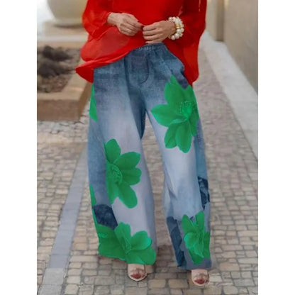 Casual Flower Printing Jeans For Woman 2025 Streetwear Wide-leg Pants Elastic Waist Pockets Denim Trousers Bottoms 179536
