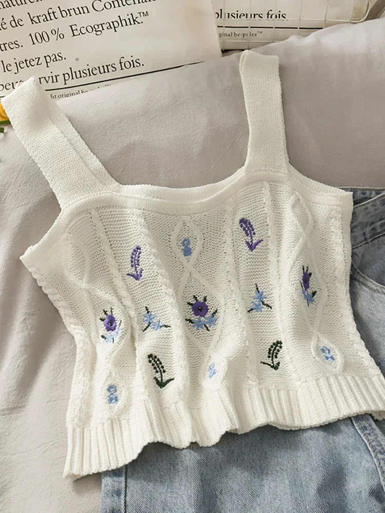 ITOOLIN Women Flower Embroidery Crop Tops Knitted Casual Tube Tops Casual Ribbed Cute Tops Women Summer Cute Crop Tops 2024