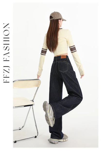 Woman Jeans High Waist Wide Leg Cotton Denim Clothing Design Sense Straight Pant Fashion Comfort White Retro Blue Casual Trouser