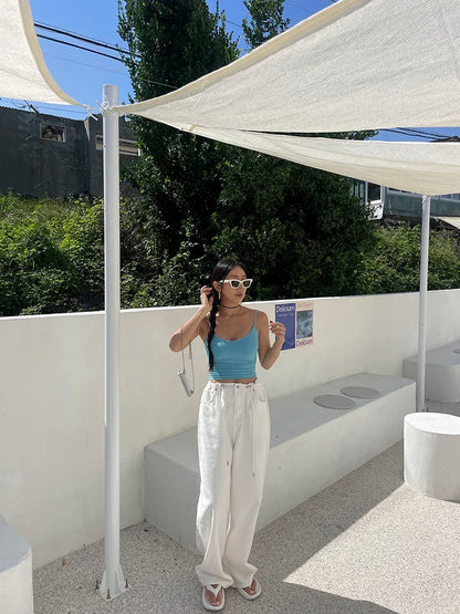 Korean Ins Retro Versatile High Waist Women's Straight Leg Jeans Summer New Fashion Loose Drawstring Design Women Wide Leg Jeans