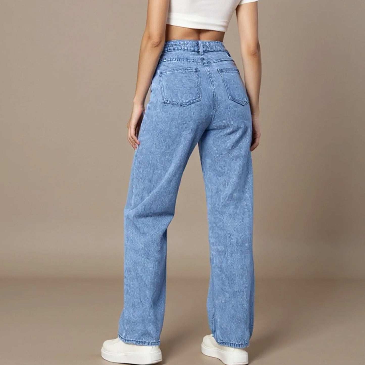 Women'S Straight Jeans Solid Color Distressed High Waist Design Retro Trousers American Hot Girl Style Pants Daily Street Wear