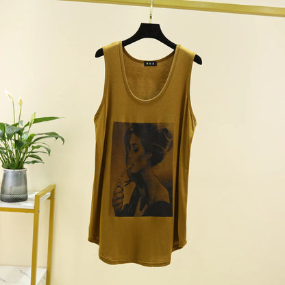 Women Long Tank Tops O-Neck Fashion Print Beauty's Head Casual Loose sleeveless T-shirt streetwear camis tops