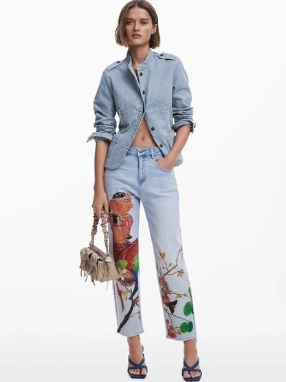 European, American, Spanish original single women's jeans, contrasting color print, elastic casual designer style cropped pants