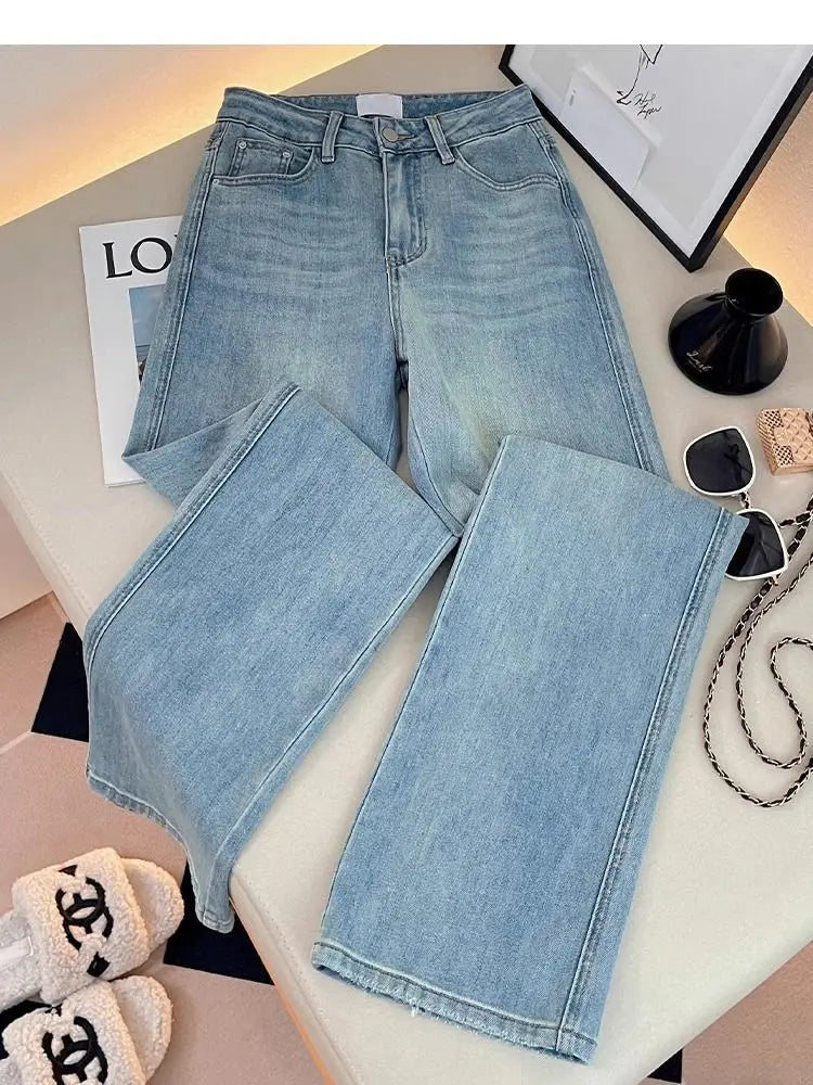 Letter Embroidered Straight-leg Jeans Women's Spring New High-waisted and Thin Loose Light Blue Straight-leg Pants