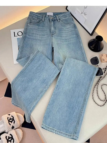 Letter Embroidered Straight-leg Jeans Women's Spring New High-waisted and Thin Loose Light Blue Straight-leg Pants