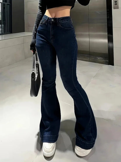 Women High Waist Flare Jeans Lady Fashion Comfortable Bootcut Denim Pants Female Slim Fit Bell Bottoms Retro Blue Nice Trousers