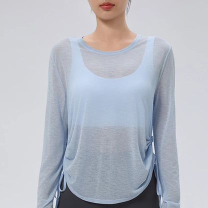Thin Sunscreen Clothes Yoga Loose Top Drawstring Long Sleeve T-shirt Women's Gym Outdoor Exercise Clothing