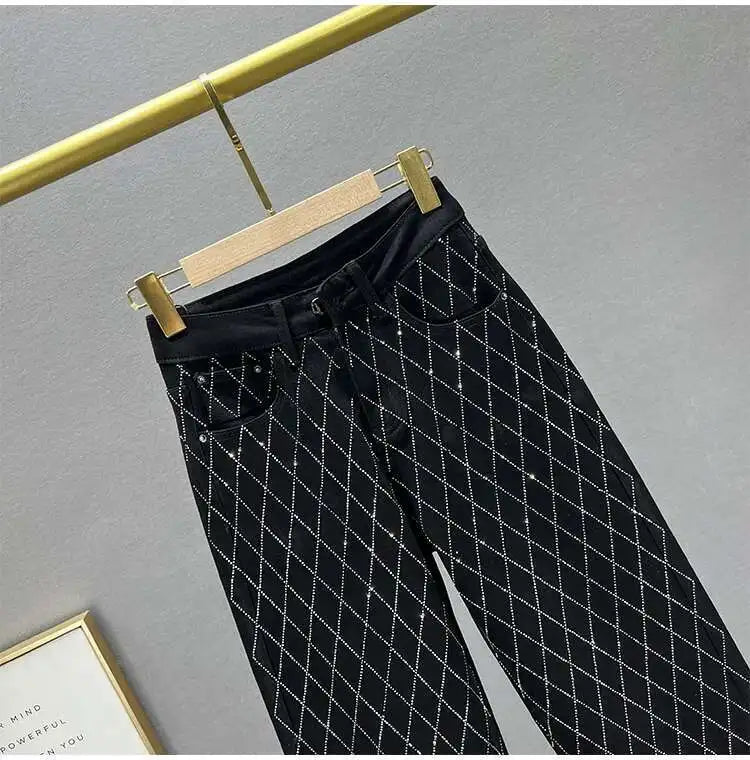 Fashion Women's Jeans High Waist One Side Plaid Shape Diamonds Wide Leg Denim Pants 2025 New Classic Straight Trousers