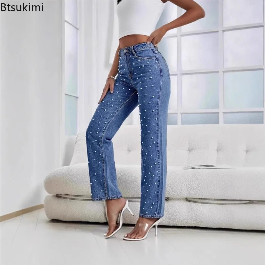 New 2026 Women's Jeans Pants Beading High Waist Casual Straight Pants for Women Streetwear Elegant Splice Denim Female Trousers