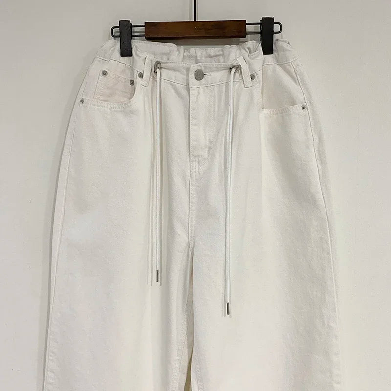 Korean Ins Retro Versatile High Waist Women's Straight Leg Jeans Summer New Fashion Loose Drawstring Design Women Wide Leg Jeans
