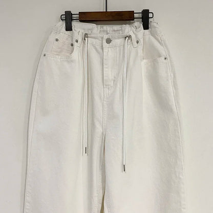 Korean Ins Retro Versatile High Waist Women's Straight Leg Jeans Summer New Fashion Loose Drawstring Design Women Wide Leg Jeans