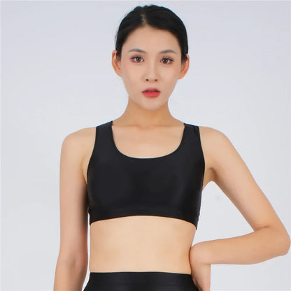 Women's Yoga Fitness Tops Sexy Candy Color UltraShort Crop Fashion Vest V Neck Oil Glossy Silky Smooth Elastic Tight Tanks Tees