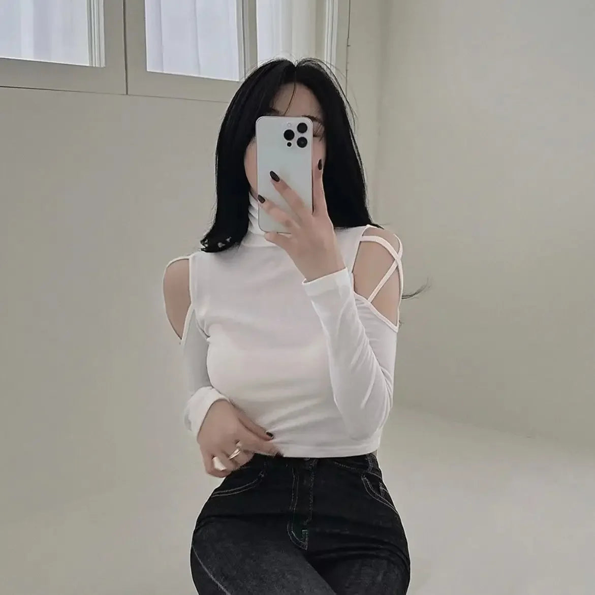 Tops Woman Slim Off Shoulder Sexy Crop Brown Long Sleeve T Shirt for Women Turtleneck Clothing Female Harajuku Fashion Korean