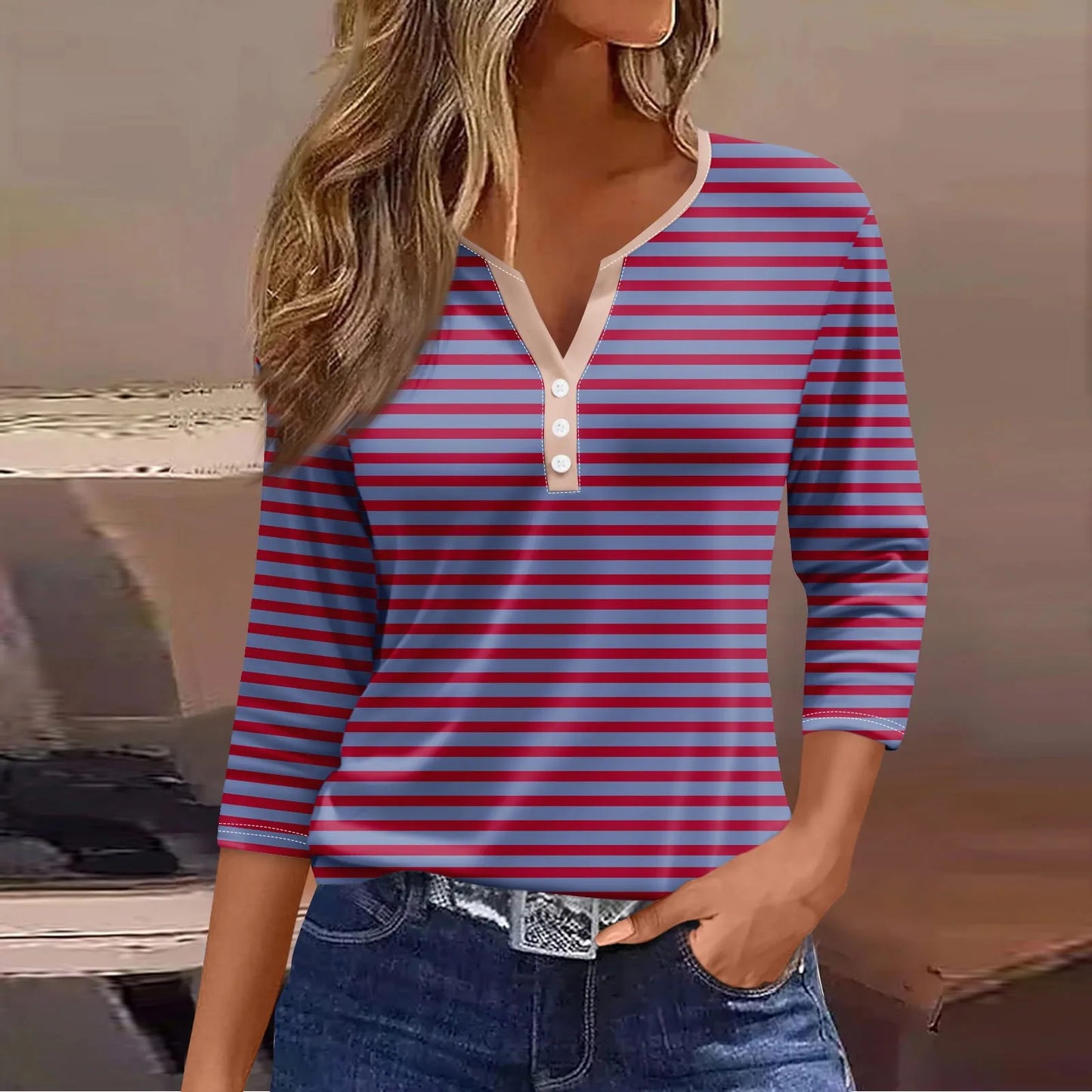 Tops For Women Women'S T Shirt Tee Print Button 3/4 Sleeve Daily Weekend Fashion Basic V Neck Regular Top Ropa De Mujer New