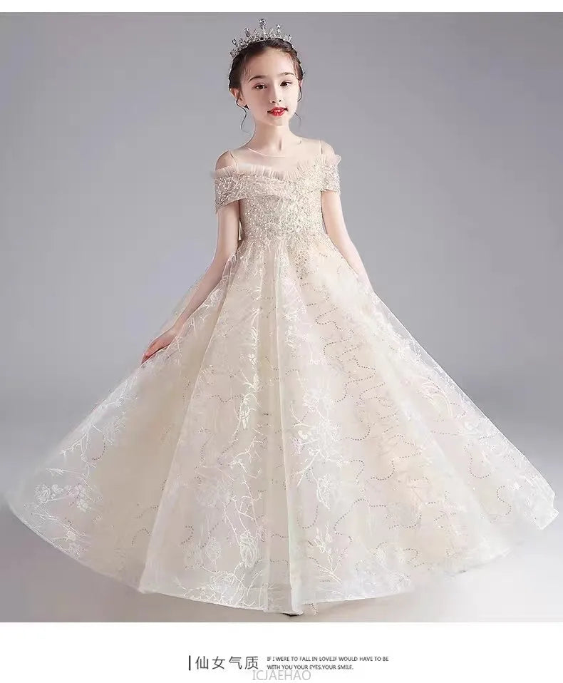 Long Dress 2025 Flower Girl Wedding Dresses Children GirlsGown Costume Kids Host Piano Outfits Birthday Party Vestido Princess